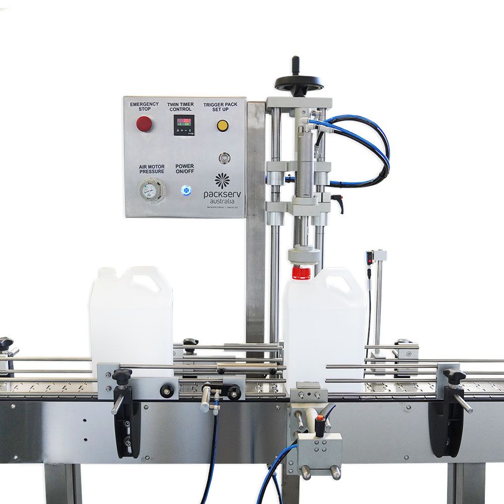 Packserv PCM-1A-E automatic capper with electronic timer, mounted on a stainless steel stand