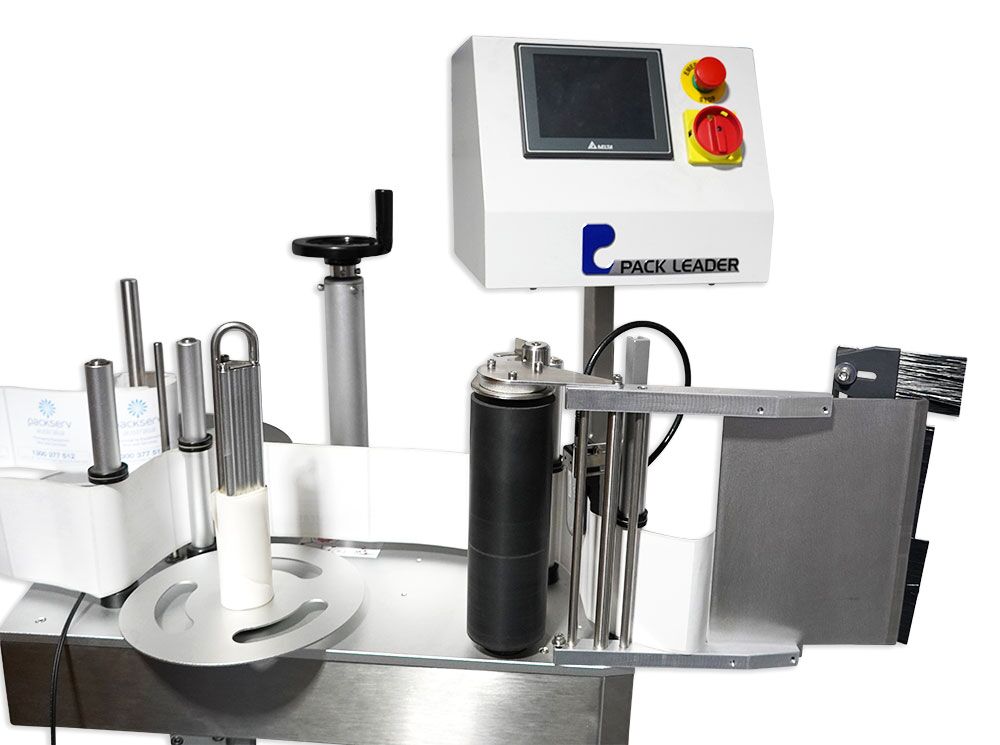 Close-up of PL-10 Pack Leader Standalone Top Wipe-On Labeller showcasing control panel and labelling arm