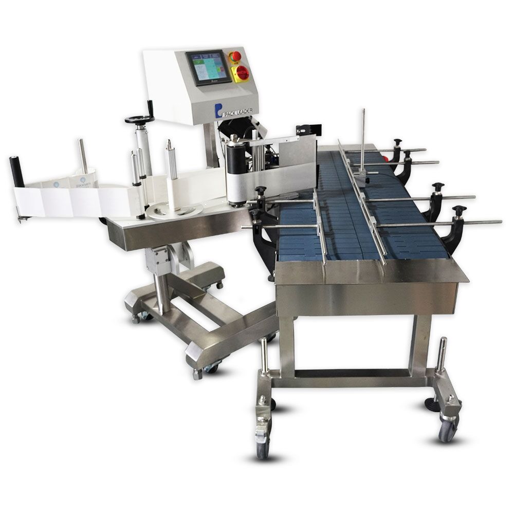 PL-10 Pack Leader Standalone Top Wipe-On Labeller integrated with conveyor system for top-side label application