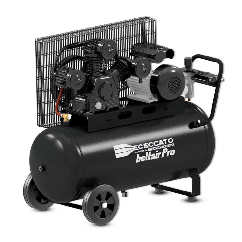 Ceccato Beltair Pro 100P35MR Air Compressor with full cast iron pump, deep cooling fins, and integrated filter-regulator, designed for demanding industrial applications