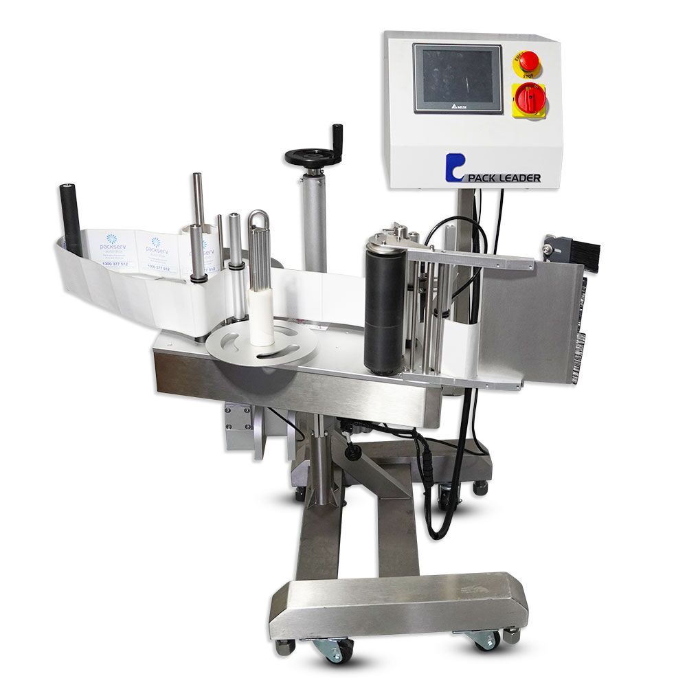 PL-10 Pack Leader Standalone Top Wipe-On Labeller – side view in standalone setup