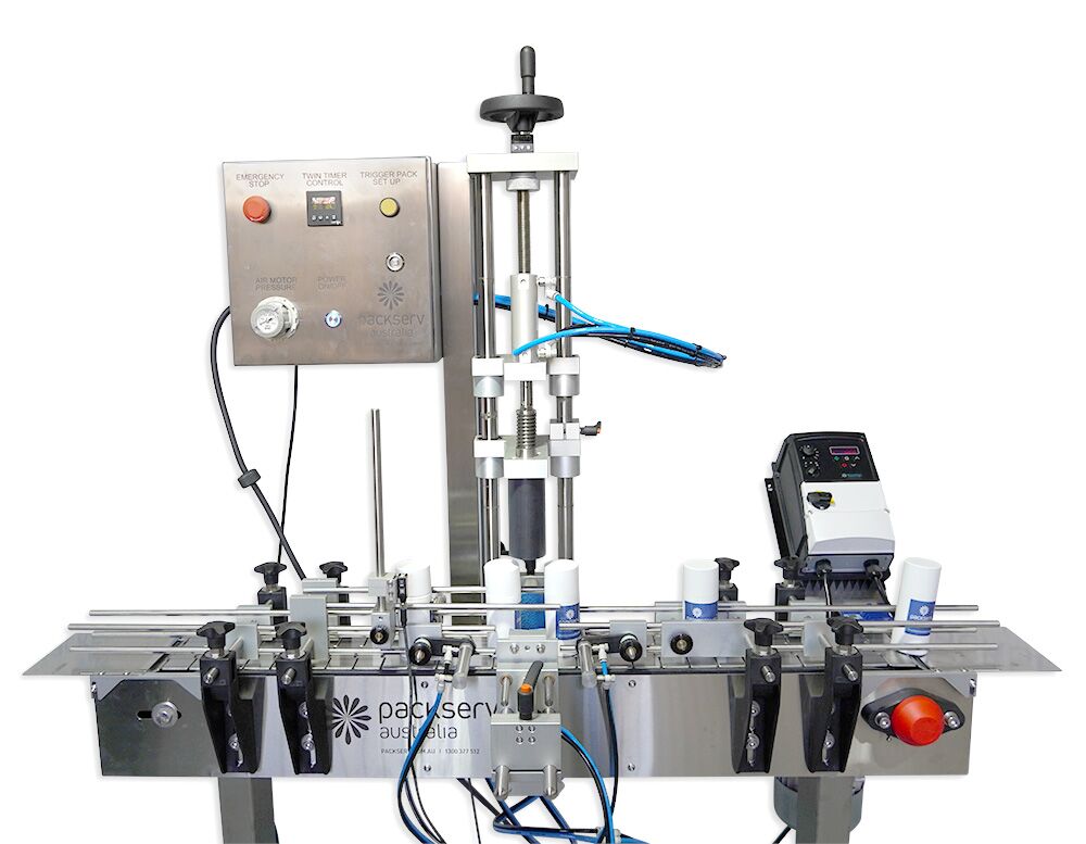 Conveyor PSC-6-1.2 with PCM-1A-E Capper in Packserv’s automated packaging setup