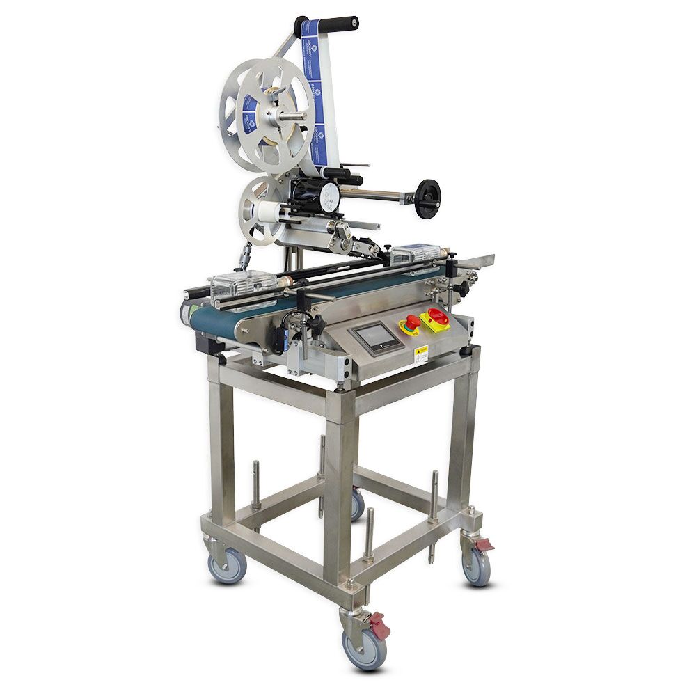 ELF-20 top wipe-on labeller side view on mobile trolley