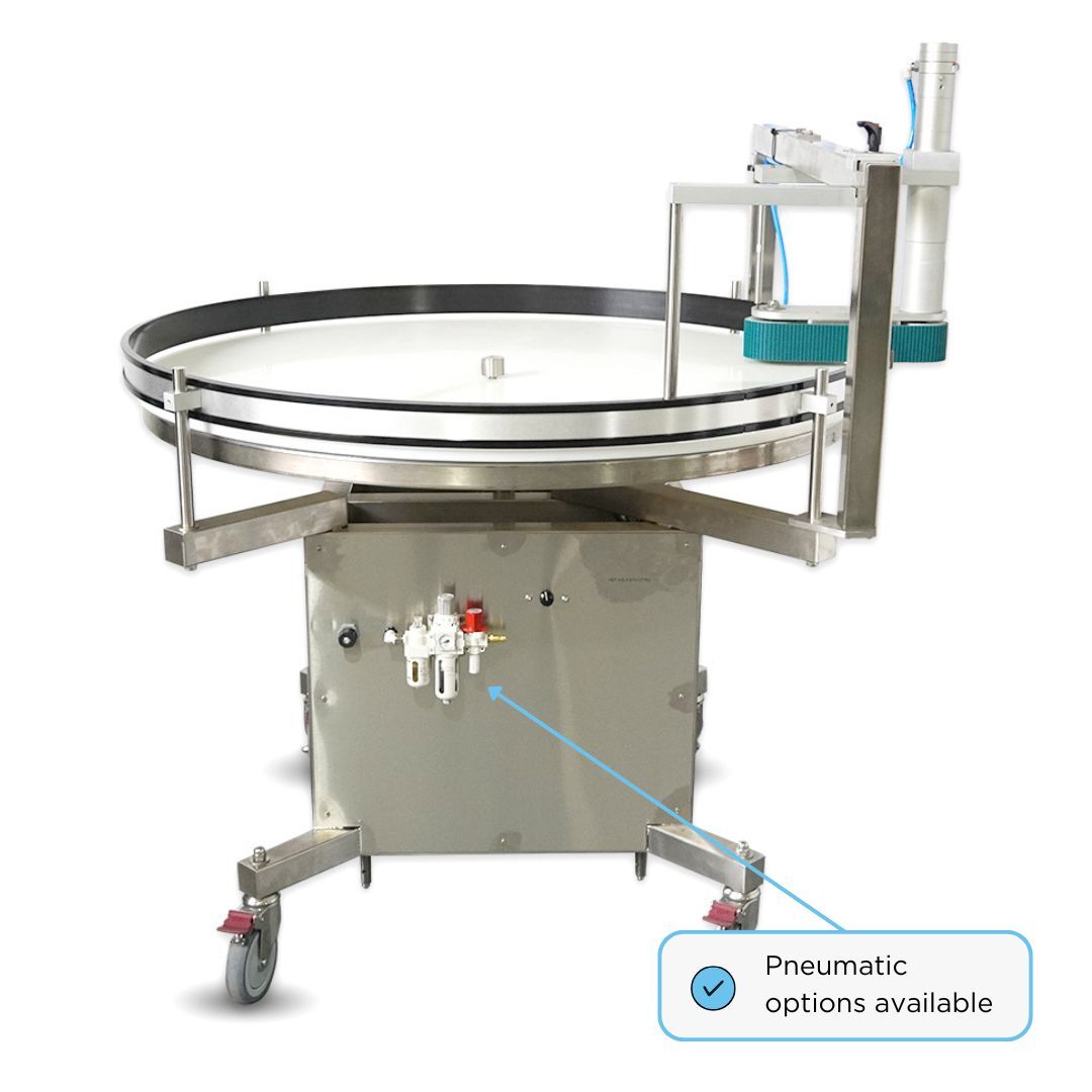 Packserv PST-8 Pneumatic Sorting Table with stainless steel finish and guide rails for precise sorting in manufacturing lines.